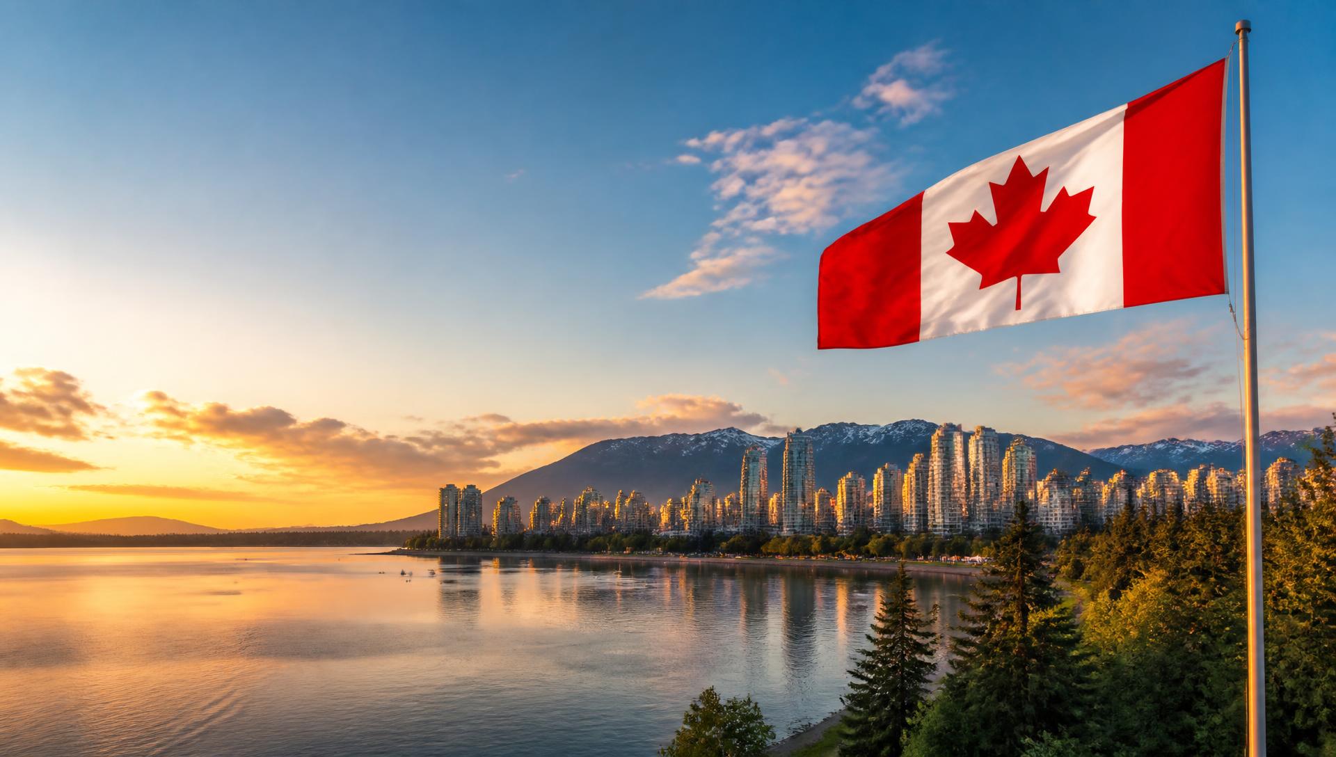 Paisaje canadiense con horizonte urbano, montañas y la bandera canadiense ondeando