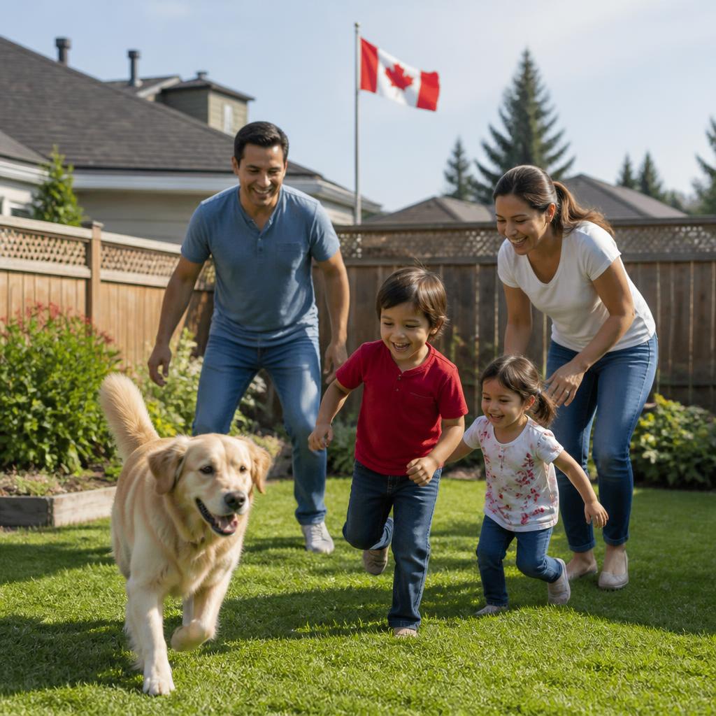 Familia feliz jugando en el patio trasero de su casa en Canadá con la bandera canadiense